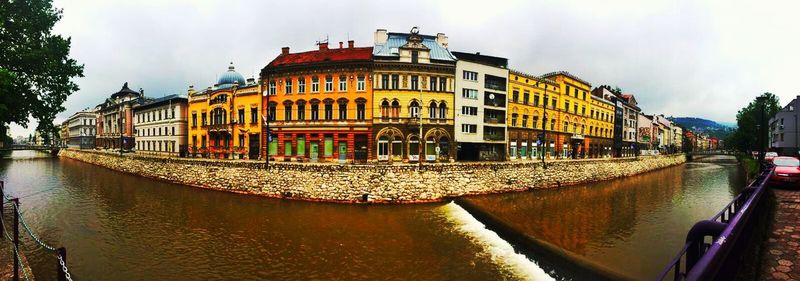 Panoramic view of buildings against cloudy sky