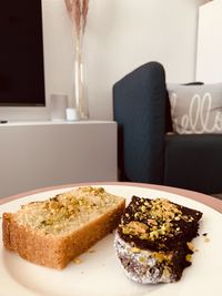 Close-up of breakfast served on table at home