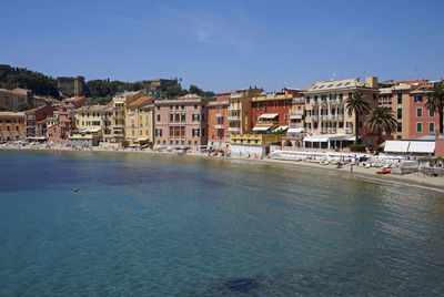 Town by sea against clear sky