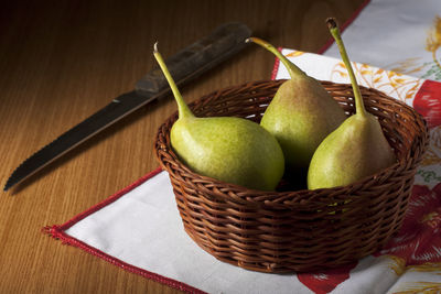 Close-up of fruits in basket on table
