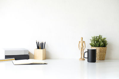 Close-up of potted plant on table against white background