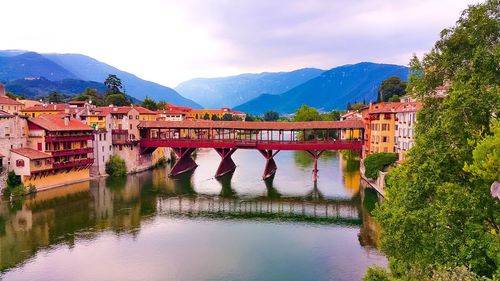 Bridge over river with cityscape in background