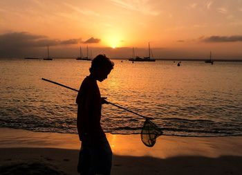 Silhouette boy holding butterfly net on shore at beach