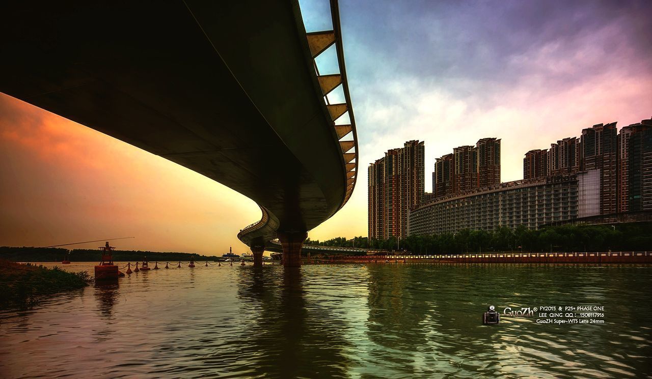 BRIDGE OVER RIVER AGAINST SKY DURING SUNSET