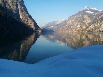 Scenic view of lake against clear sky