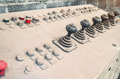 Old control unit is covered with dust. joysticks to control equipment in the factory