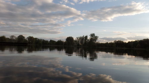 Scenic view of lake against sky at sunset