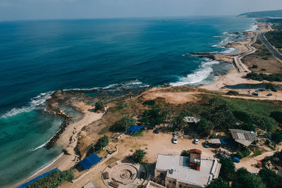 High angle view of sea and beach camping