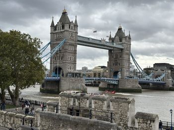 Bridge over river against cloudy sky