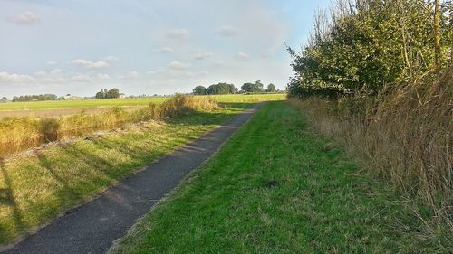 Footpath amidst grassy field against sky