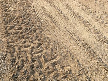 High angle view of tire tracks on sandy beach