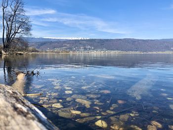 Scenic view of lake against sky during winter