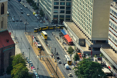 High angle view of city street and buildings