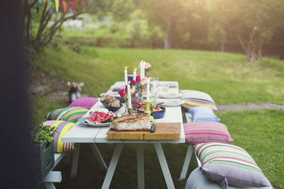 Food served on decorated picnic table at back yard during garden party