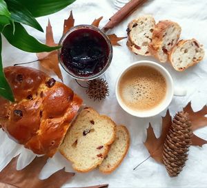 High angle view of breakfast on table