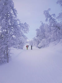 People on snow covered land against sky