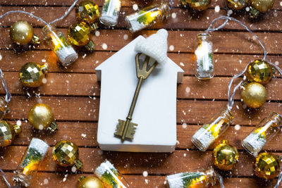 High angle view of christmas decorations on table