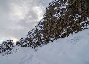 Low angle view of snowcapped mountain against sky