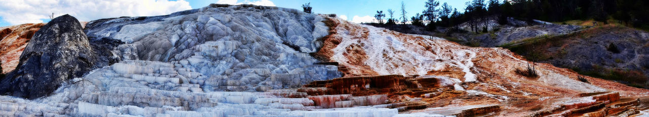 Rock formations on snow covered mountain