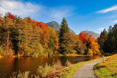 Scenic view of lake by trees against sky during autumn