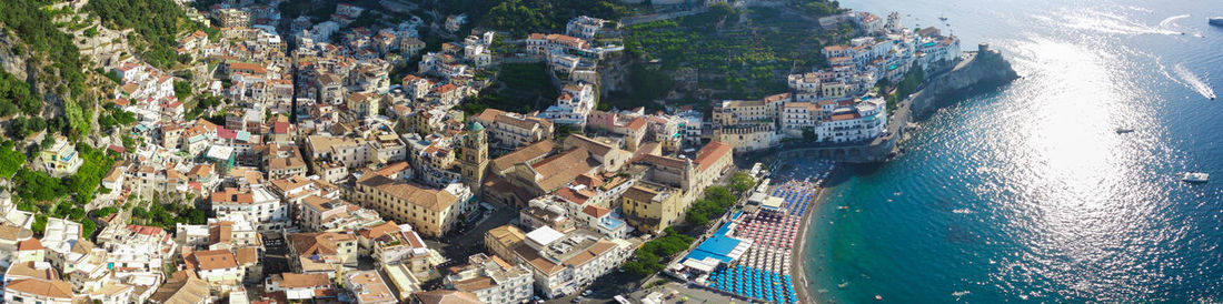 Aerial view of the cathedral and the city of amalfi, italy