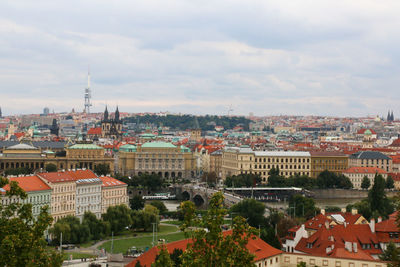 High angle shot of townscape against sky