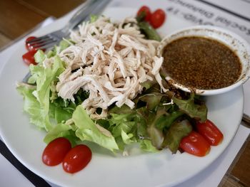 High angle view of salad in plate on table