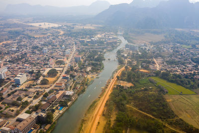 High angle view of buildings in city