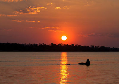 Silhouette man in sea against sky during sunset