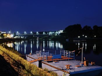 Scenic view of river against clear blue sky at night