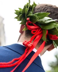 Rear view of man wearing headdress