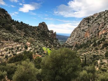 Panoramic view of trees and buildings against sky