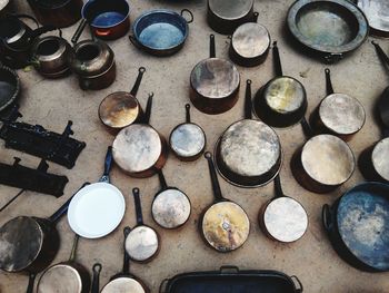 High angle view of stones in bowl on floor