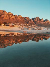 Scenic view of lake with mountain in background