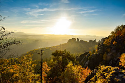 Scenic view of mountains against sky at sunset