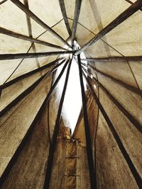 Low angle view of umbrella on wooden floor