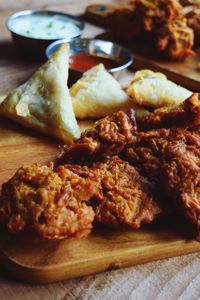 Close-up of served food on table