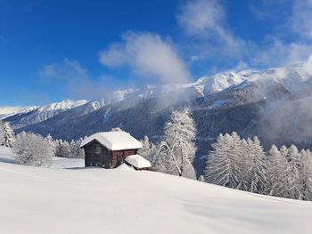 Scenic view of snow covered mountains against sky