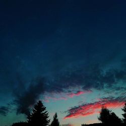 Low angle view of trees against cloudy sky