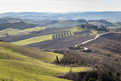 High angle view of agricultural field against sky