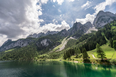 Scenic view of lake and mountains against sky