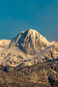 Scenic view of snowcapped mountains against clear sky