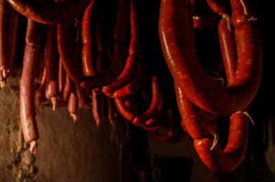 Close-up of sausages hanging in darkroom