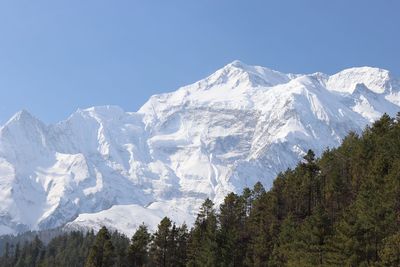 Scenic view of snowcapped mountains against clear sky