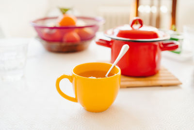 Close-up of tea cup on table