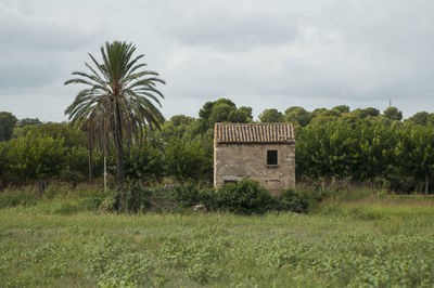 Built structure on field by trees against sky