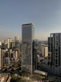 High angle view of buildings in city against sky