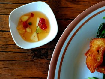 High angle view of breakfast served on table