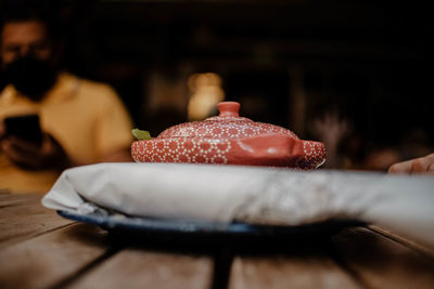 Low angle view of cake on table