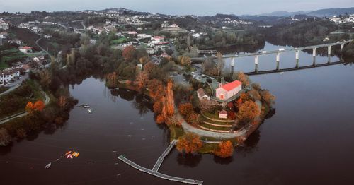 High angle view of a church and the river 